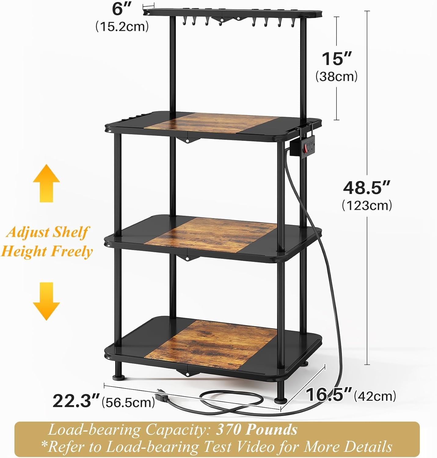 Kitchen Bakers Rack with Power Outlet - Easy & Tool-Free Assembly, Adjustable Coffee Bar Station 4 Tiers, Microwave Stand with 12 Hooks, Brown
