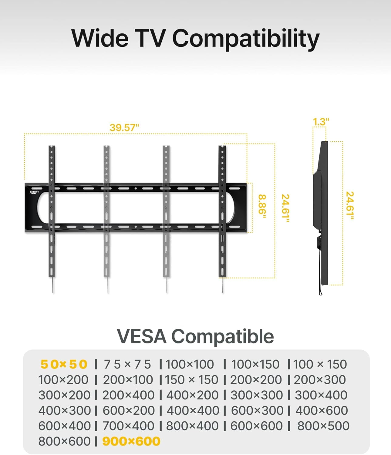 Heavy Duty Fixed TV Wall Mount Bracket for 60–120" Flat & Curved Tvs up to 300Lbs, 4× Load Tested, Ultra Slim 1.3" Low Profile, Max VESA 900X600, Quick-Release Lock, Fits 16"/18"/24" Wood Studs
