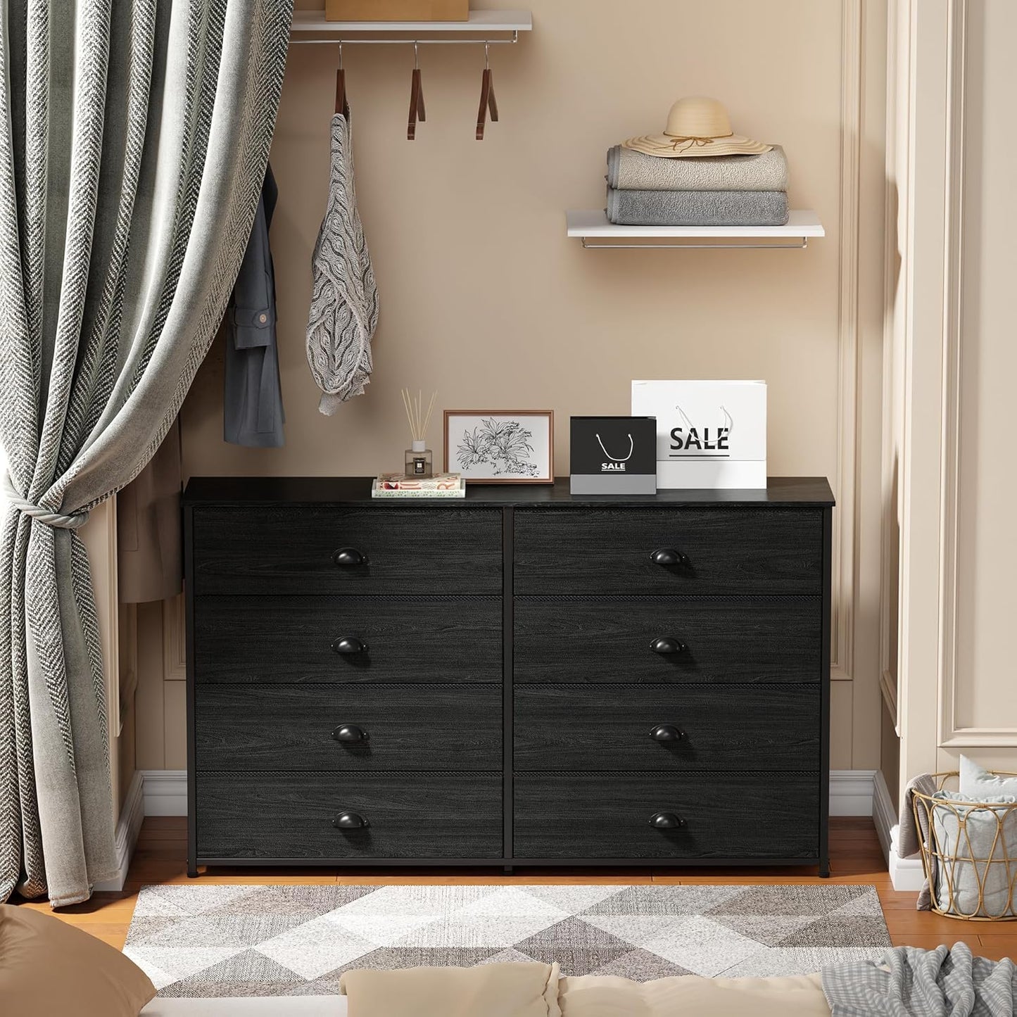 Wide Dresser with 8 Fabric Drawers, TV Entertainment Center with Storage for 55'' TV, Large Chest of Drawers for Bedroom, Living Room, Dorm, Closet, Entryway, Wood Top (Black Oak)