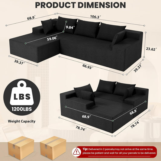106" Cloud Sectional Couch with Deep Seat,Modern Modular Sofa with L-Shape Chaise,No Assembly Required, Upholstered Couches for Living Room Bedroom(Black,Left Facing Chaise)