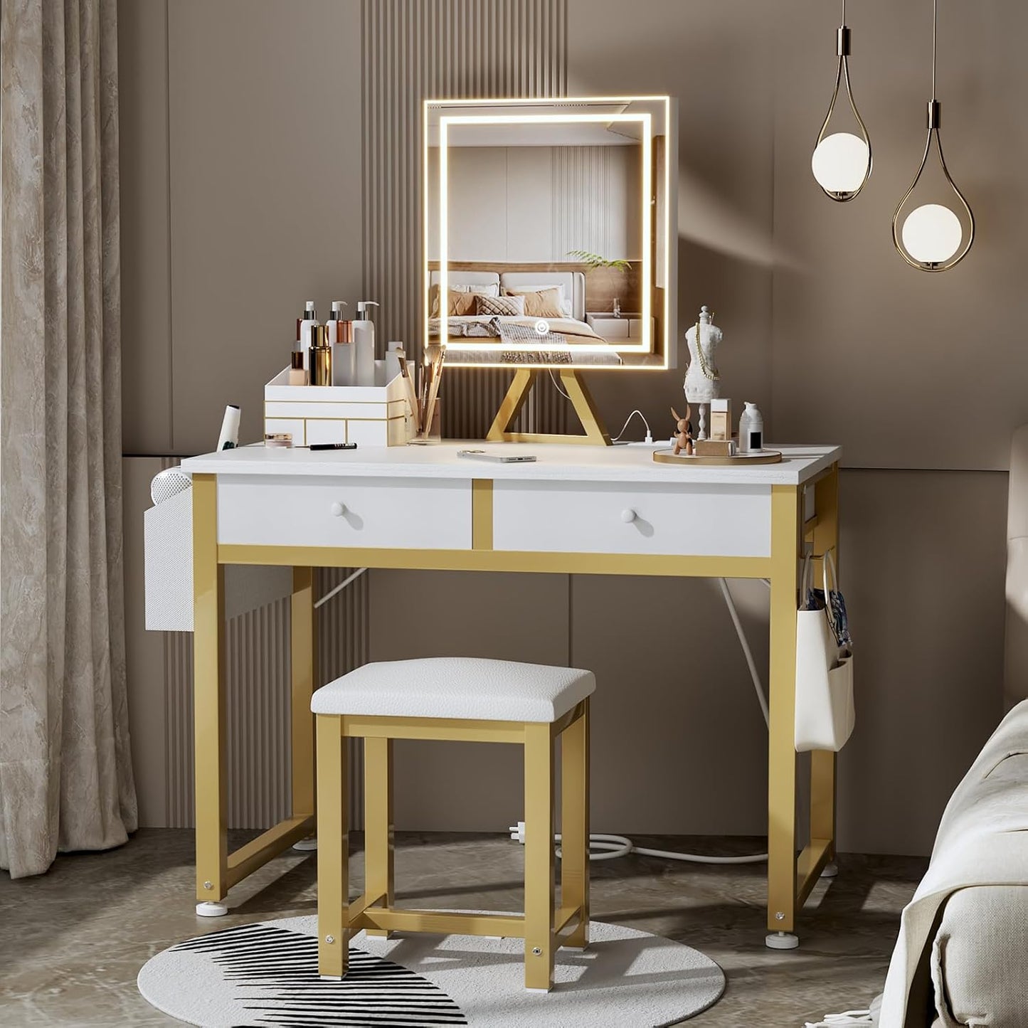 Small Makeup Vanity Desk with Mirror and Light, 32 Inch White Vanity Desks Sets with Fabric Drawers for Girls Teen, Dressing Table and Chair Set with Power Outlet for Bedroom, White Gold