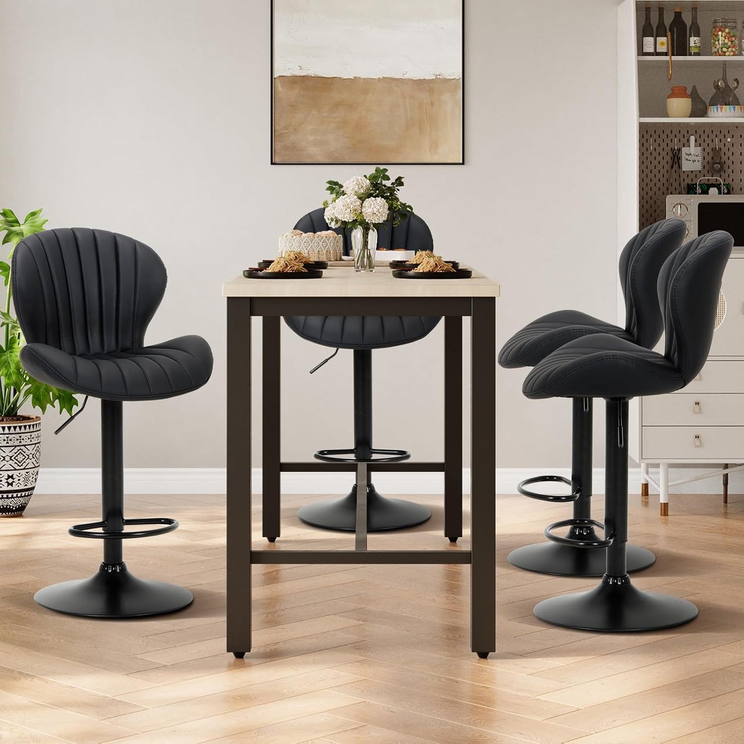 Bar Stools Set of 2, Modern Swivel Bar Chairs, Adjustable Faux Leather Upholstered Barstools Counter Height with High Backrest for Bar, Kitchen Island, Dining Room, Black