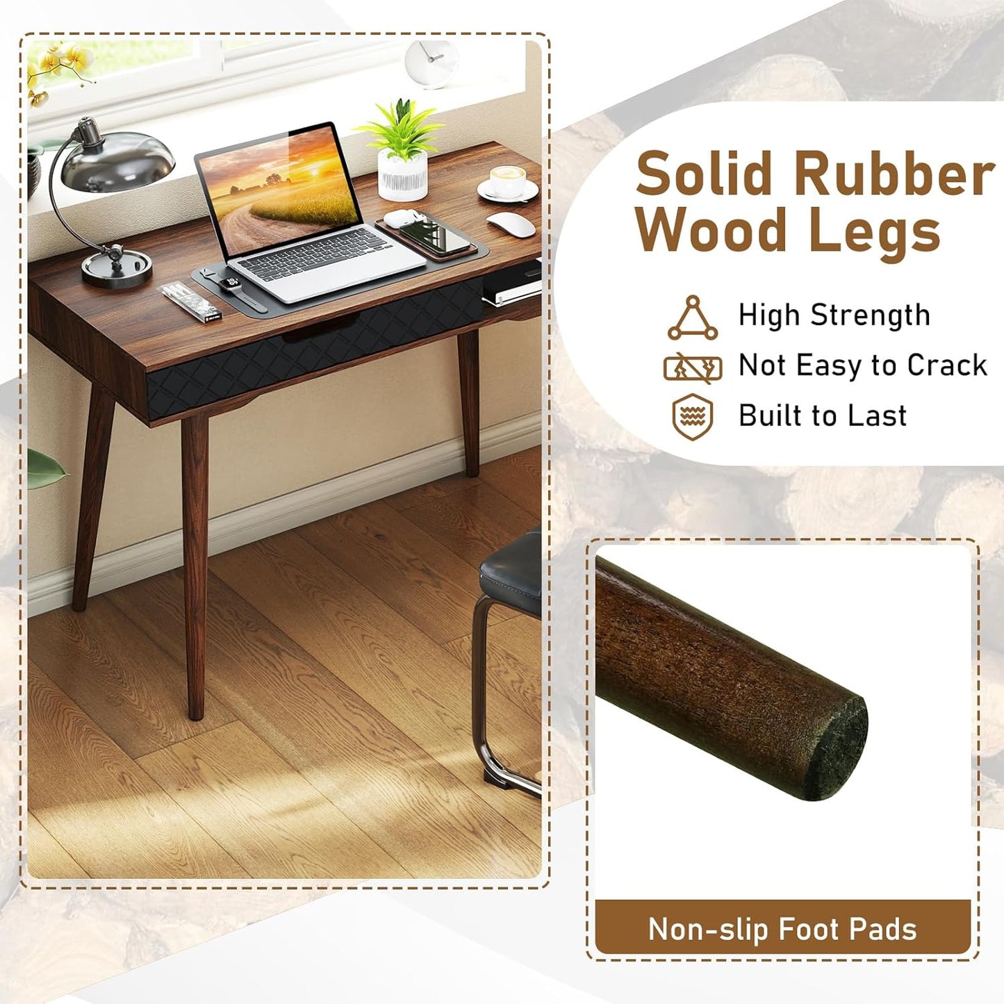 Mid-century modern computer desk with drawer and rubber wood legs, view 8