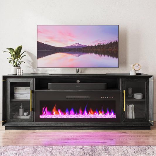 74" Extra Large TV Stand for Tvs up to 85", Media Console Table with 42" Electric Fireplace Heater, Entertainment Center with Storage Cabinets for Living Room, Bedroom - Sienna (Black Ebony)
