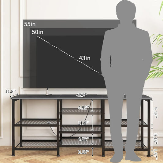 TV Stand for 55 Inch Tvs, Entertainment Center with Movable Shelf Panels, Power Outlet and LED Lights Open Storage Shelves, TV Media Console Table for Living Room and Bedroom, Black