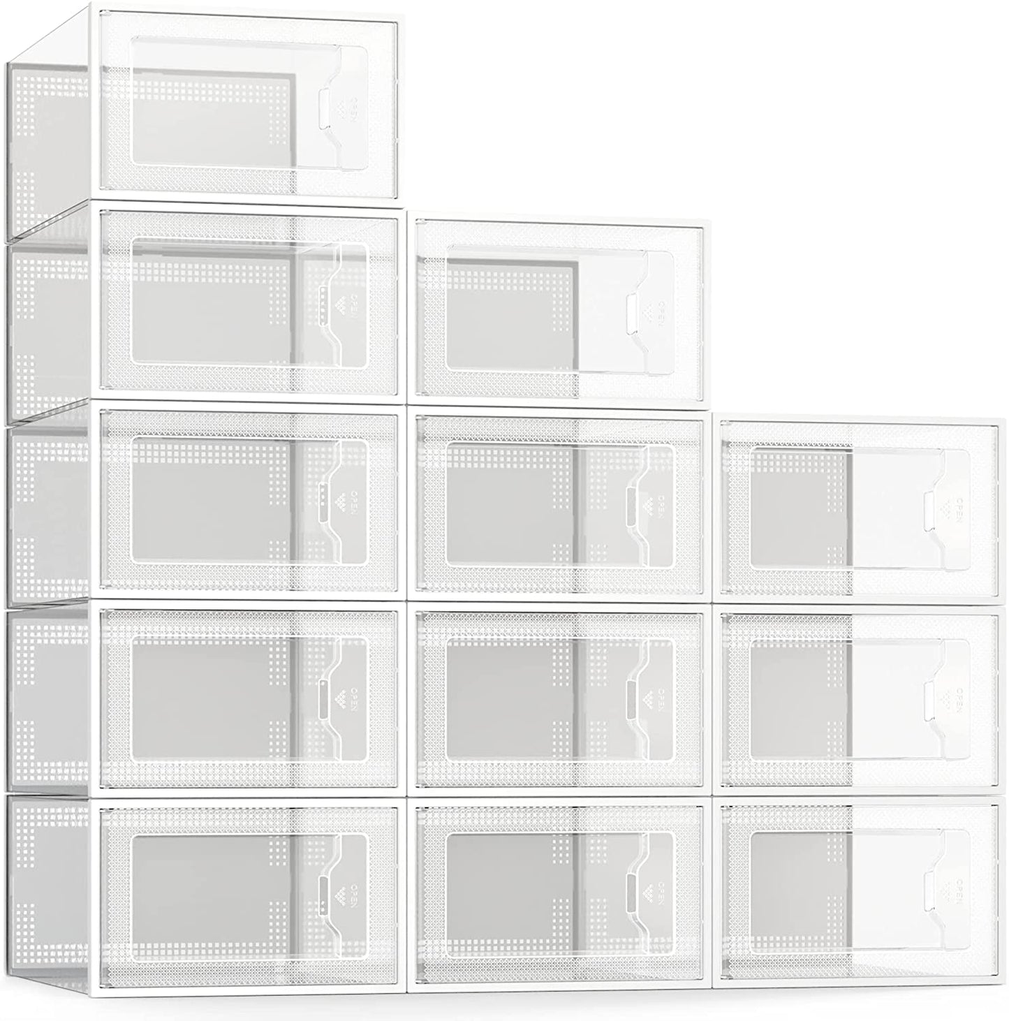 12 Pack Shoe Storage Box, Clear Plastic Stackable Shoe Organizer for Closet, Space Saving Foldable Shoe Rack Sneaker Container Bin Holder