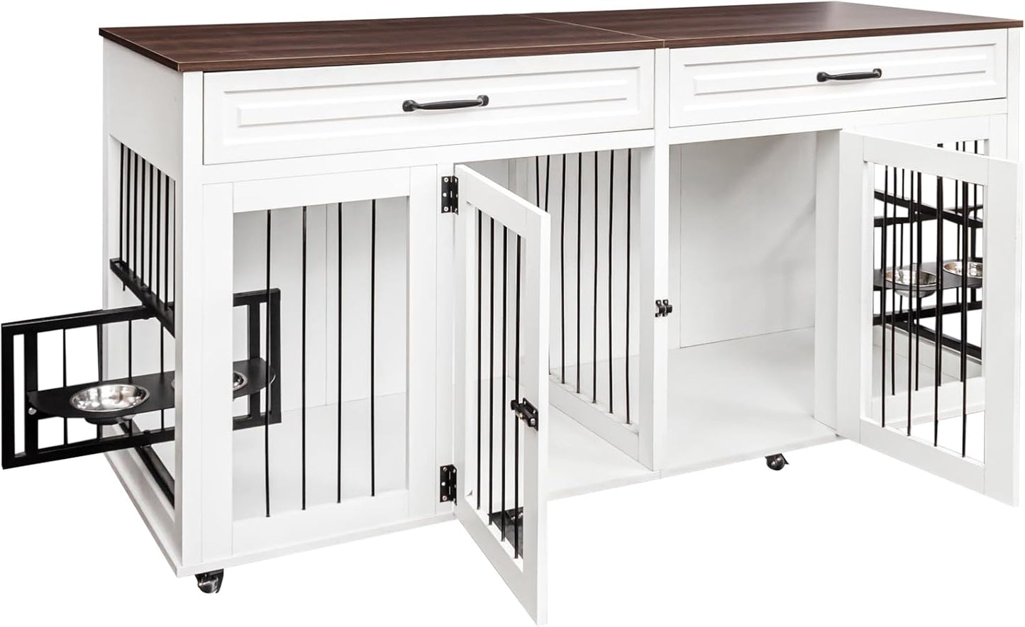 Double XL Dog Crate Furniture,Dog Crate Wooden Pet Kennel Cabinet with 2 Doors,Large Double Dog Kennel TV Stand with 360° Rotating Feeder & Wheels,Rolling Cage with 2 Storage Drawers,White+Walnut