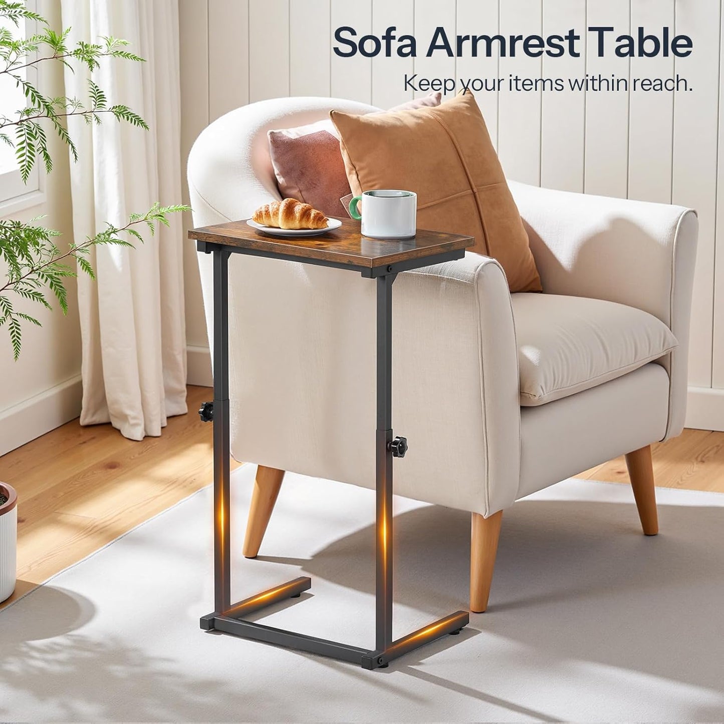 C Shaped End Table, Adjustable Height Side Table for Sofa, Couch Table for Small Space, Slide under Small Tray Side Table for Living Room, Bedroom, Greige and Black BG71SF01