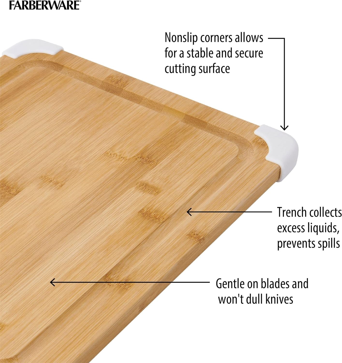 Nonslip Bamboo Cutting Board with Juice Groove, 11X14 Inch, White