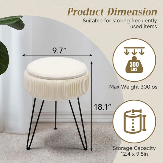 Velvet Vanity Stool with Storage, round Ottoman Vanity Chairs with Anti-Slip Feet, Dressing Table Seat Foot Stool with Black Legs, Furry Padded Seat Side Table for Makeup Bedroom, White