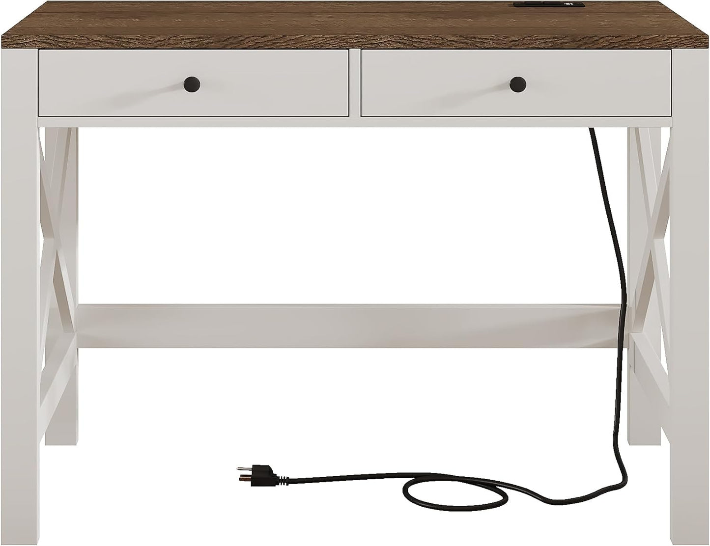 Farmhouse computer desk with drawers, charging ports and X frame, view 4