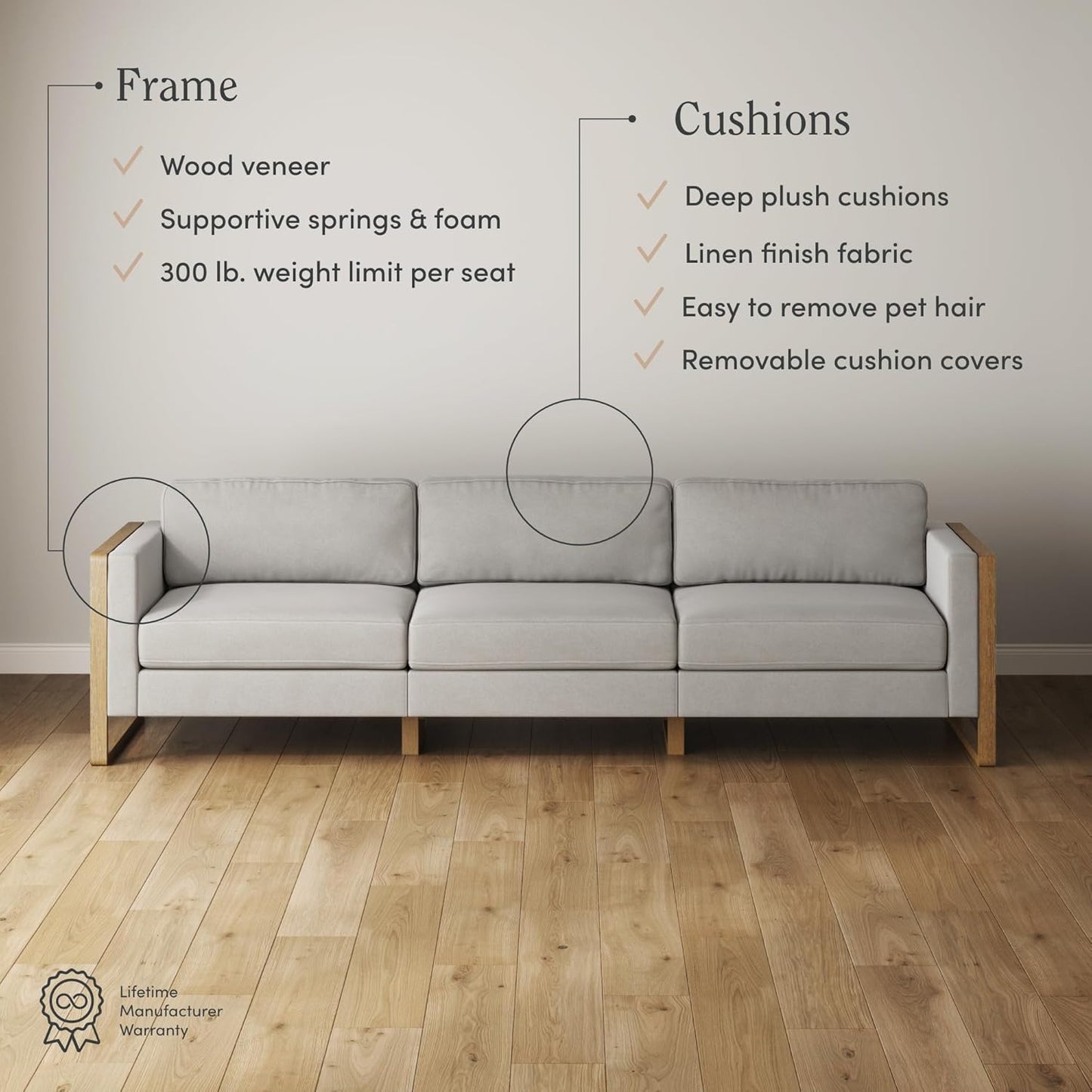 Madison Modern Modular L-Shaped Sectional Sofa with Cushion, Upholstered 5-Seat Corner Sofa or Couch with Solid Wood Legs, Sand/Light Brown