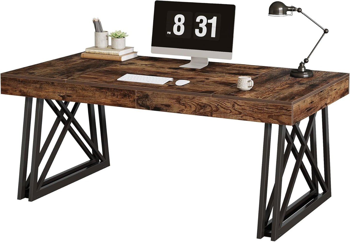 63-Inch Executive Desk, Farmhouse Office Computer Desk with Sturdy X-Shaped Legs, Large Writing Table Business Furniture Workstation for Home Office, Study (Rustic Brown & Black)