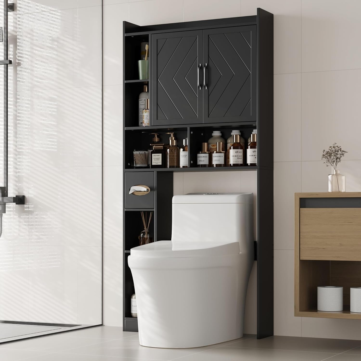 67.8" H over the Toilet Storage Cabinet with Adjustable Shelves & Toilet Paper Holder, Farmhouse over Toilet Bathroom Organizer, Double Door Toilet Cabinet for Bathroom, and Laundry, White