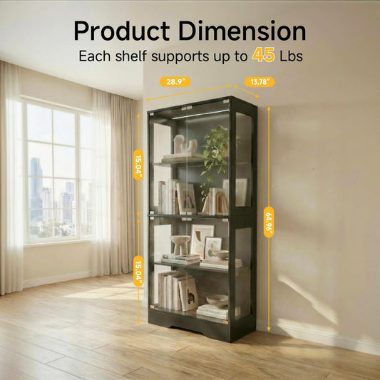 5.5 Ft Display Cabinet with Glass Doors, 4-Tier Curio Cabinet with 3 Color Lights for Collectibles, Glass Display Case with Human Body Sensor, Bookcase with 4 Shelves, Storage Cabinets, Black