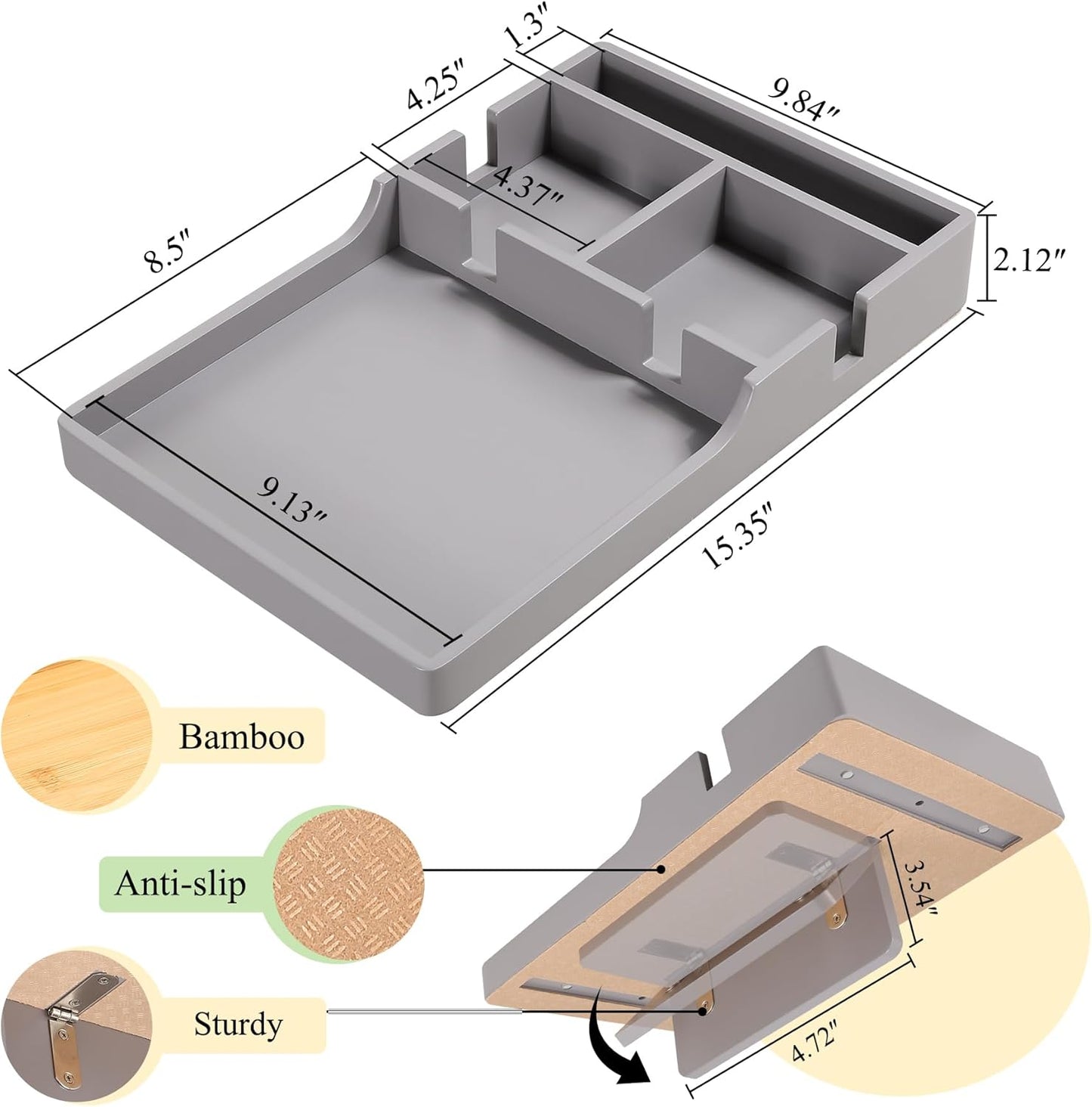 Couch Tray Insert for Middle,Bamboo 15.3โณX9.8โณ Sofa 2 Cups Holder Table between Couch Cushions,Fit Armless Couch/Sectional, 2-In-1 Fold-Flat Tray for Drink Snack Remote Holder