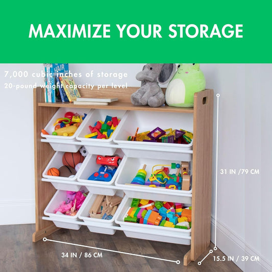 Toy Storage Organizer with Top Shelf and 9 Removable Bins, Natural/White – Toddler Bookshelf with Toy Organizer - Modern Toy Rack Ideal for Kids' Rooms, Playrooms, and Nurseries