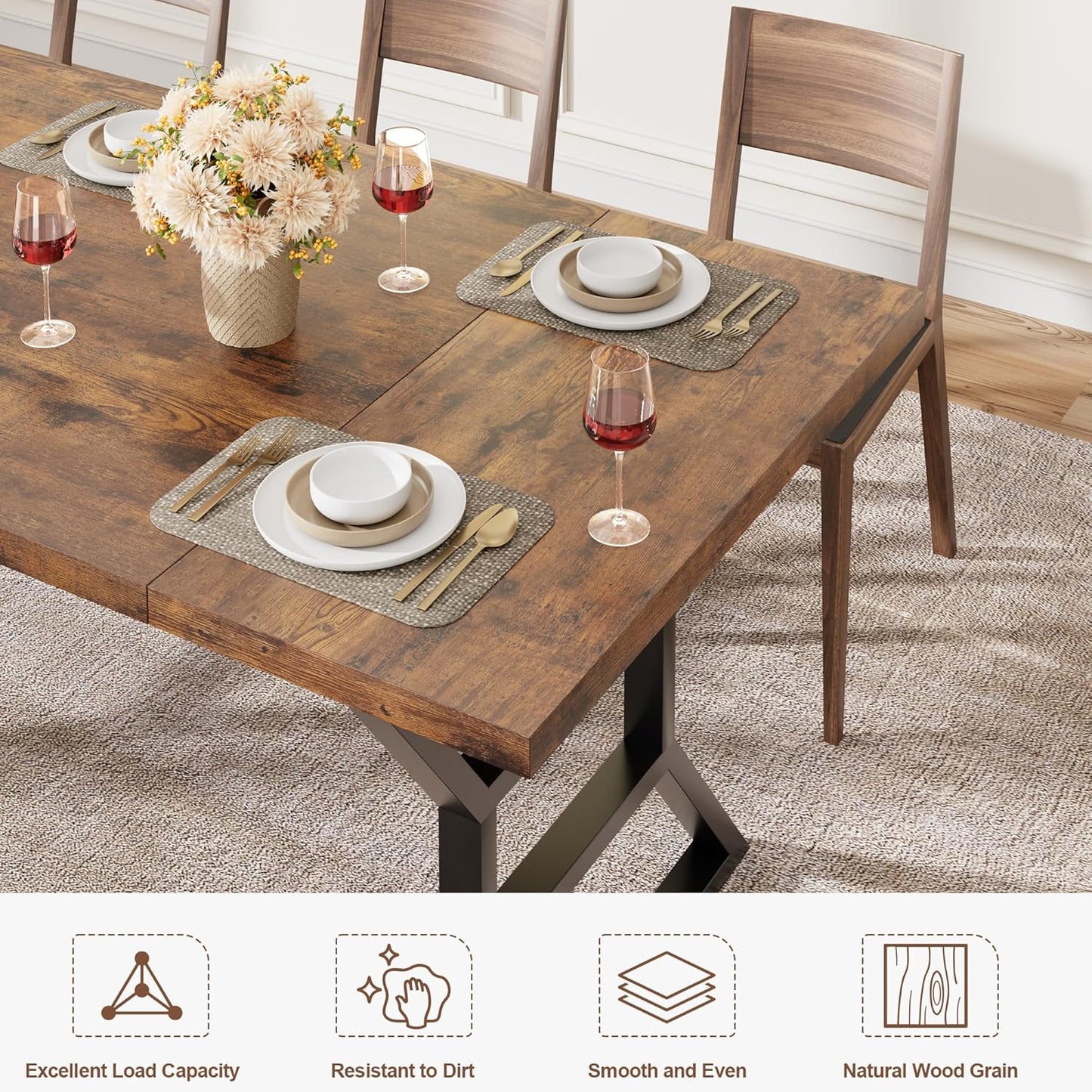 70.9" Large Dining Room Table for 6, Rectangular Kitchen Table with Heavy Duty Metal Legs, Farmhouse Wooden Dining Table for Big Family (Brown)