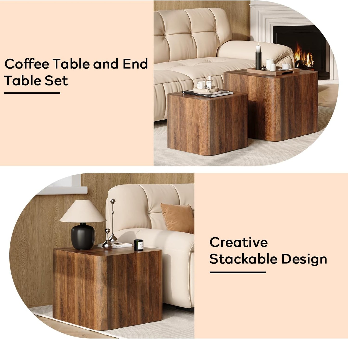 Nesting Coffee Table Set of 2, Modern Coffee Table and End Table Sets, Small Wooden Nesting Side Tables for Living Room Bedroom Apartment(Walnut)