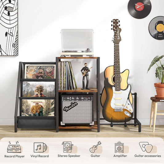 Record Player Stand, Guitar Stand for Acoustic, Electric Guitar, Bass with Amp Stand, 3-Tier Vinyl Record Storage up to 200 Albums, Record Player Table for Record Player, Speaker, Amplifier