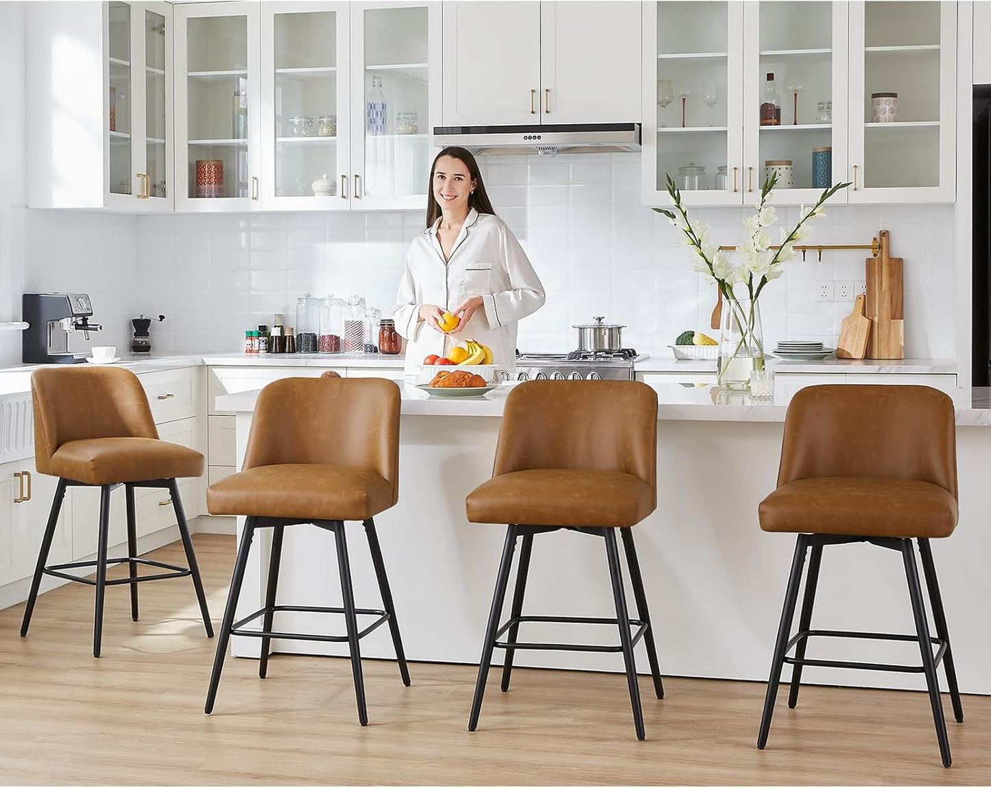 360°Swivel Counter Height Bar Stools Set of 2,Upholstered Morden Kitchen Barstools with High Backs,26" H Seat Height,Faux Leather (Faux Leather-Saddle Brown , 2 Pieces - 26" Counter Height)