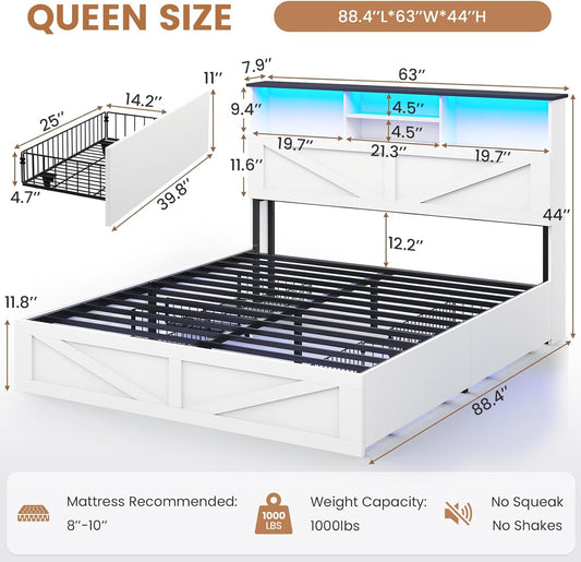 Farmhouse Bed Frame Queen Size with Bookcase Storage Headboard, Charging Station and LED Lights, Wooden Queen Bed Frame with 4 Drawers, Barn Door Design, No Box Spring Needed, No Noise, White