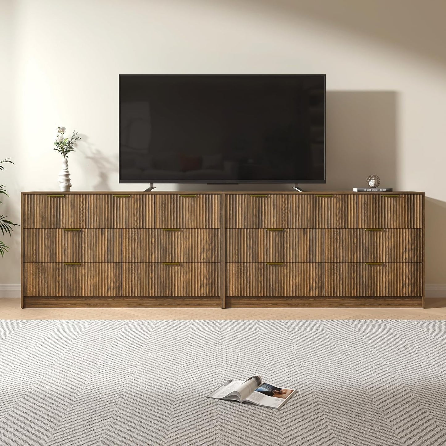 Walnut Dresser Set of 2, Long Dresser for Bedroom Wooden with 14 Drawers, Fluted Modern Bedroom Furniture Set, TV Stand Dressers & Chests of Drawers for Closet (15.7"D X 110.2"W X 31.8"H)