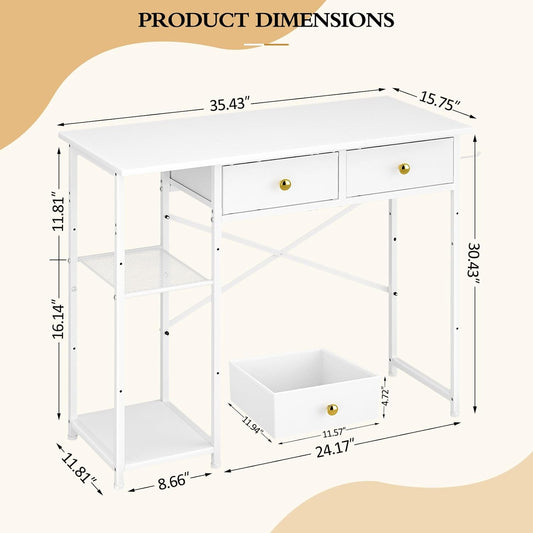 White Vanity Desk without Mirror for Bedroom, Makeup Desk with 2 Fabric Drawers, Vanity Desk with Iron Hook, 36 Inches Vanity with Storage, White