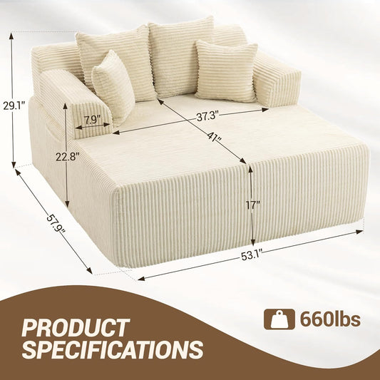 58" Chaise Lounge Chair Indoor, Beige - Oversized Corduroy Boneless Sleeper Sofa Bed with Armrests and 4 Pillows, No Assembly for Living Room