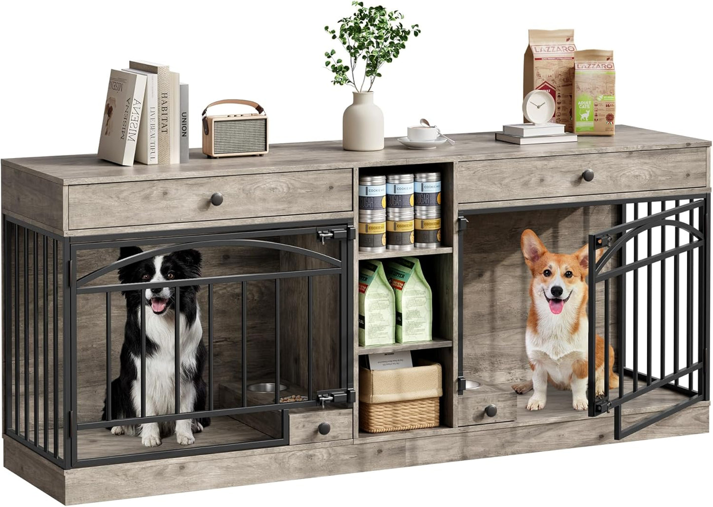Dog Crate Furniture for 2 Dogs, Dog Kennel Indoor with Storage and Feeding Bowls, Double Dog Crate TV Stand for Small Medium Dogs, Grey