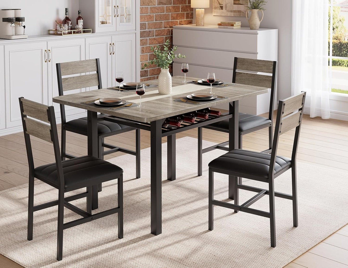 Dining Table Set for 4, Extendable Kitchen Table with 4 PU Leather Upholstered Dining Room Chairs, Wood Kitchen Table Set with Built-In Storage Rack for Dining & Small Spaces, Grey