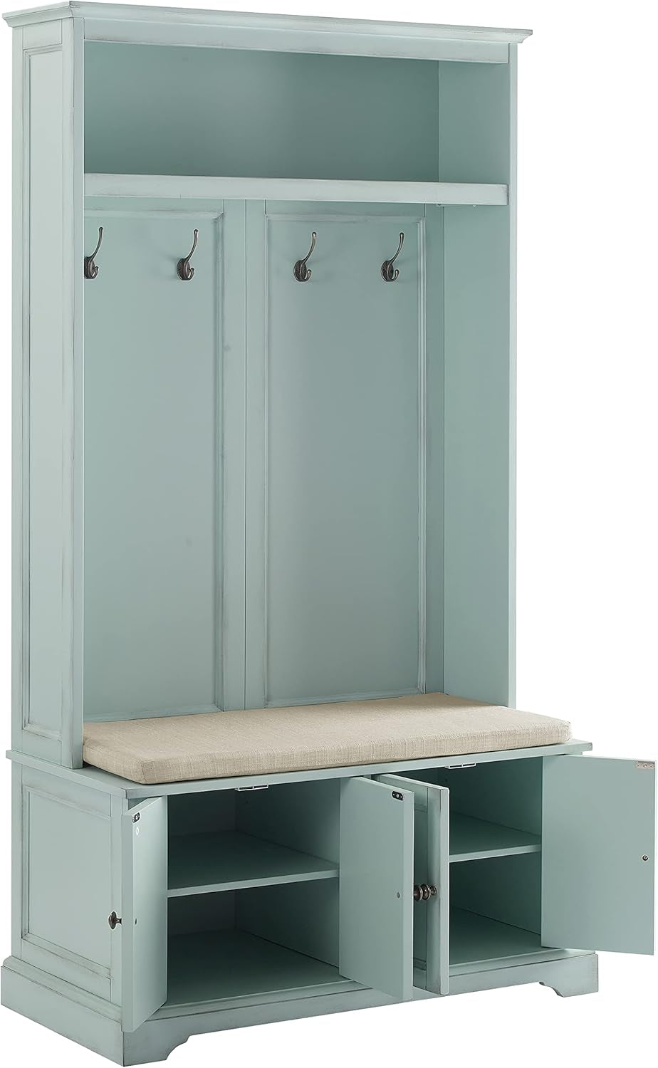 Holbrook Hall Tree with Shoe Rack Bench and Coat Hooks for Hanging Storage, Distressed Seafoam Blue