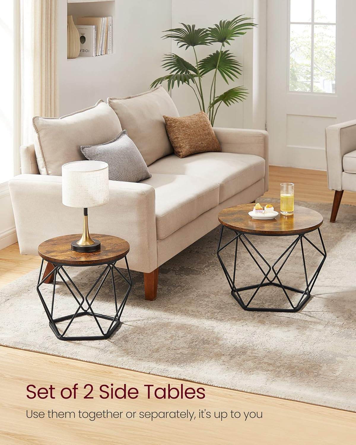 Small Coffee Table Set of 2, round Coffee Table with Steel Frame, Side End Table for Living Room, Bedroom, Office, Charcoal Gray and Ink Black
