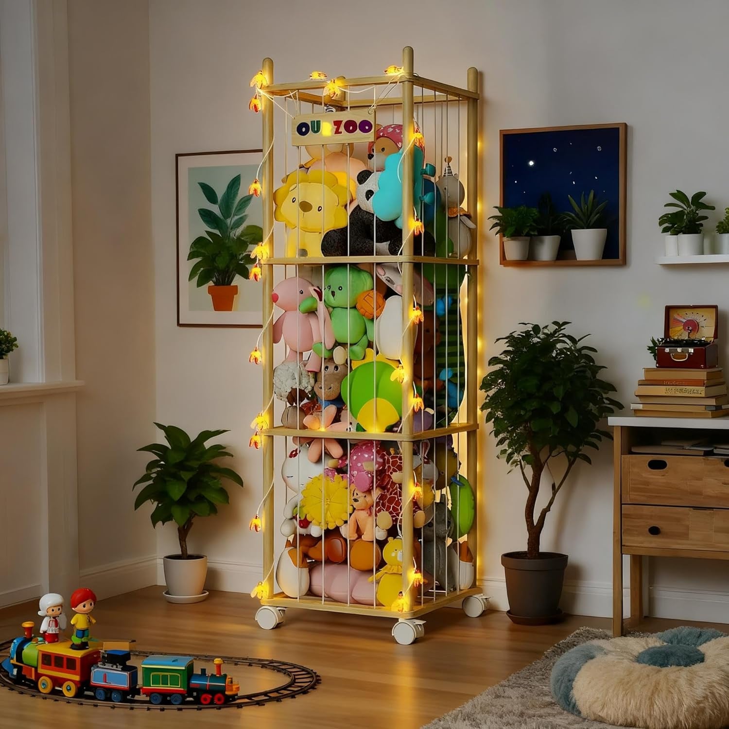 Stuffed Animal Storage Zoo with Wheels and Twinkling Bee String Lights, 55.12Inch Large Wooden Stuffed Animal Storage & Organizer with Elastic Cord Kids Plush Toy Storage for Nursery Playroom