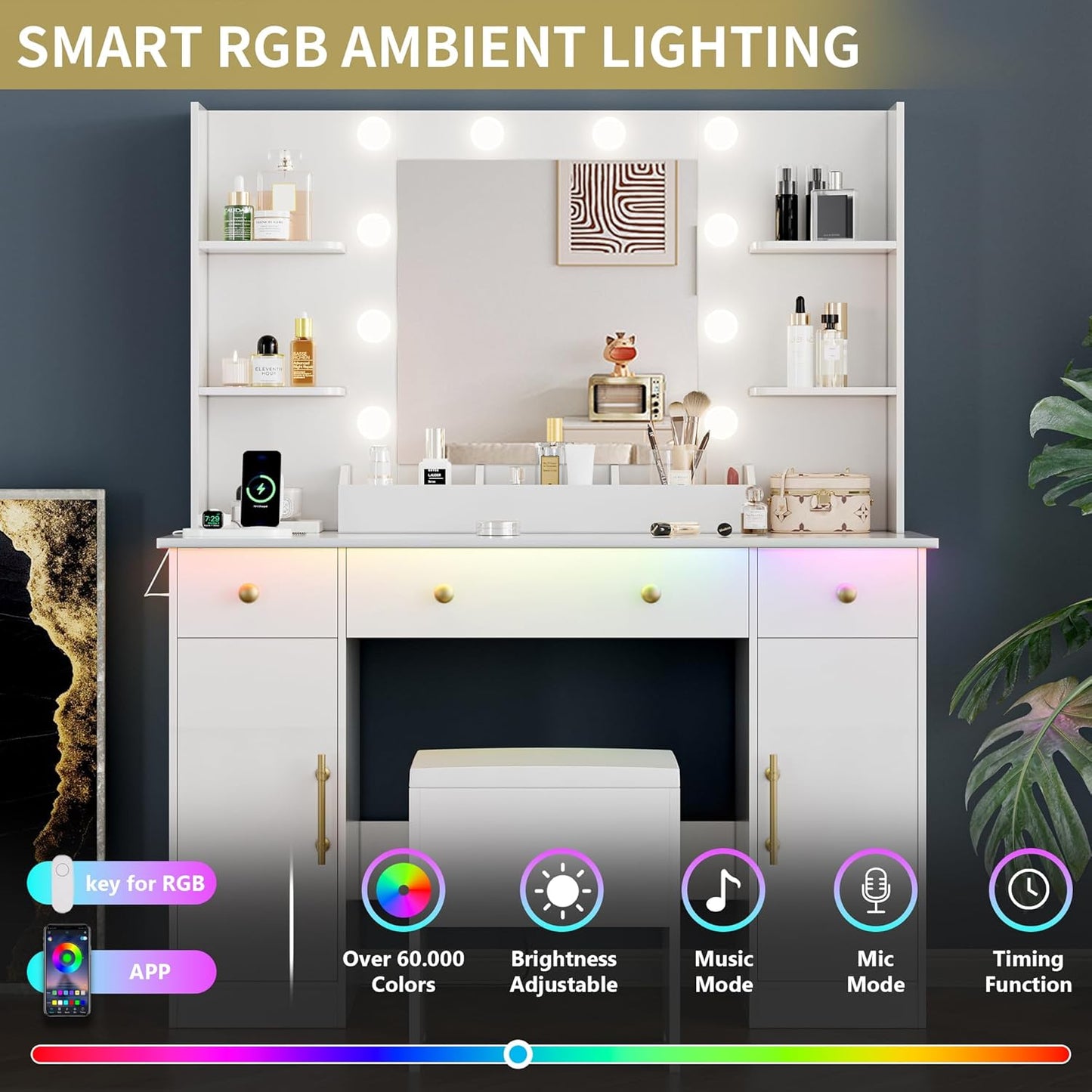 Vanity Desk with Mirror and Lights, 43'' White Makeup Dressing Table Set with 5 Drawers & Chair, Power Outlet, 3 Lighting Modes Adjustable Brightness & RGB LED for Women Girls Bedroom Bathroom