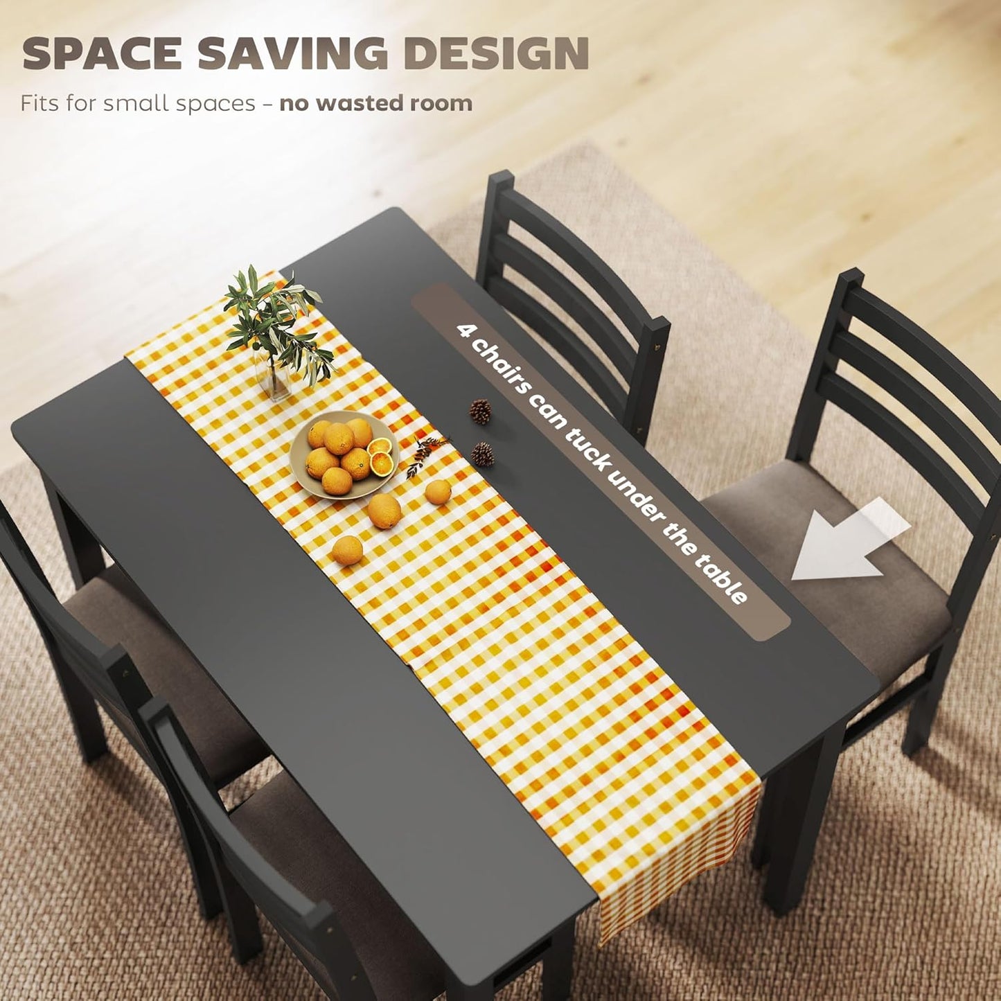 5-Piece Dining Table Set for 4 with Solid Wood Frame, Farmhouse Kitchen Table Set with 4 Upholstered Padded Chairs for Small Space, Dining Room, Breakfast Nook, Black