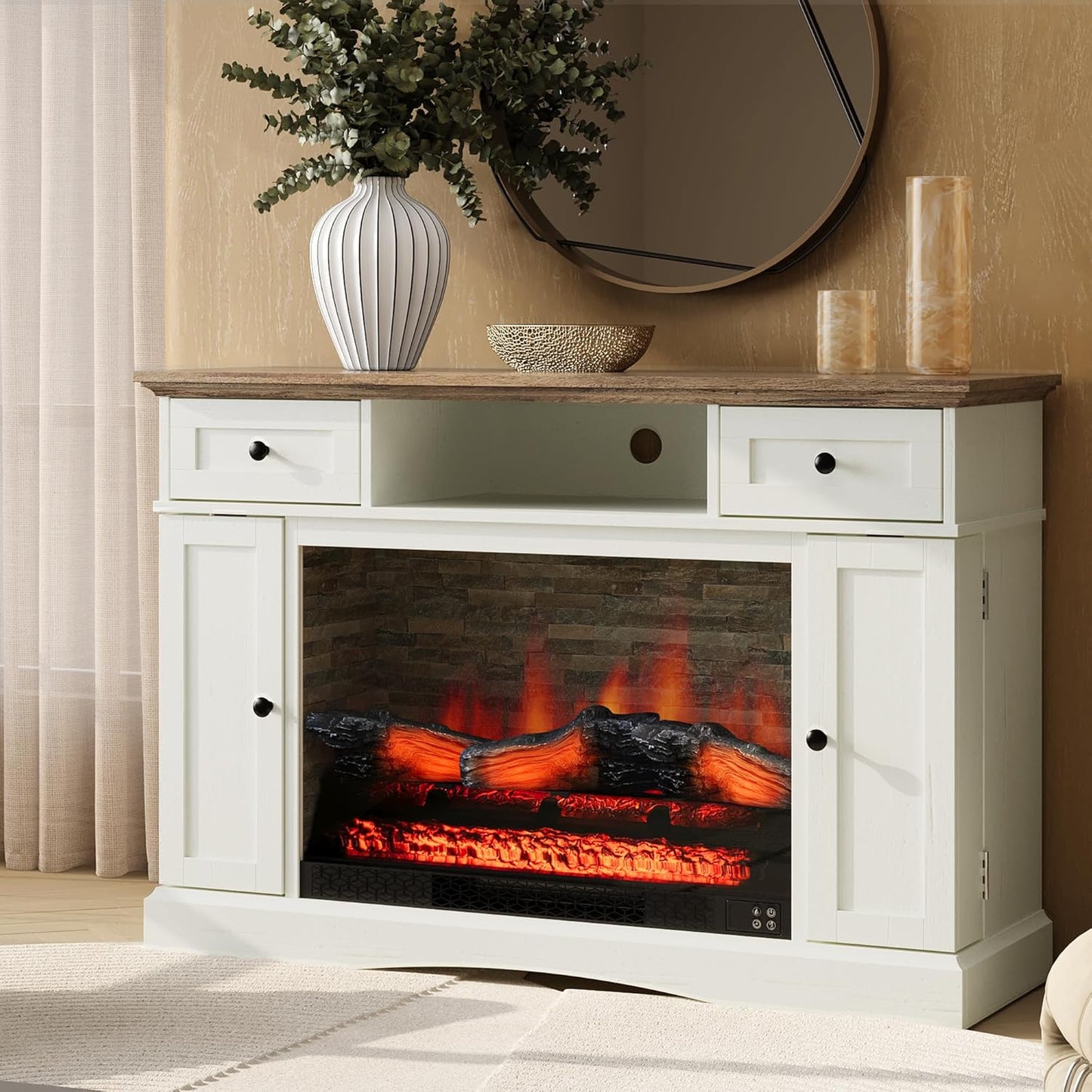 Fireplace TV Stands with for Tvs up to 55'', Media Console Table with Adjustable Shelves, Double-Door Design, Entertainment Center for Living Room, White and Rustic Oak