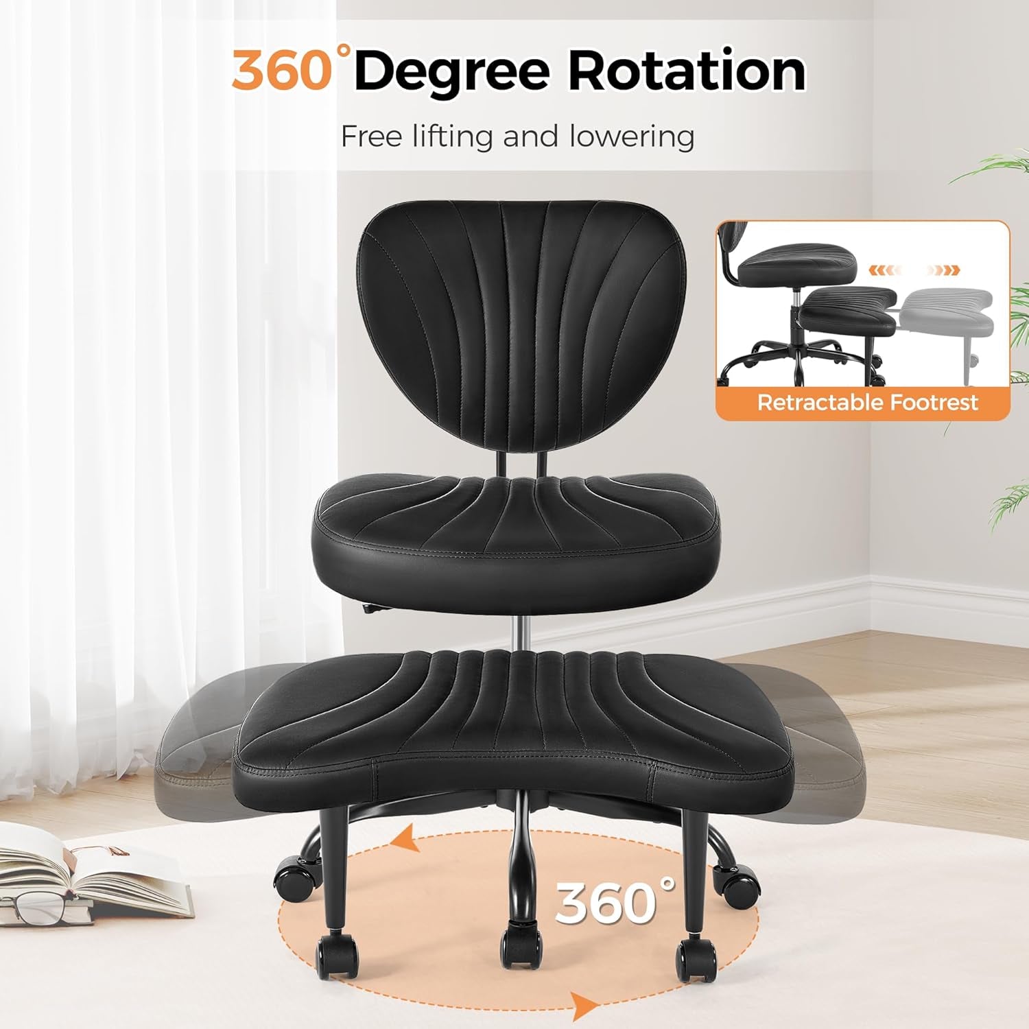 Cross Legged Office Chair, Ergonomic Criss Cross Chair with Wheels, 360° Swivel Height-Adjustable Meditation Chair for Yoga & ADHD, Wide Kneeling Chair with Strong Lumbar Support (Black) BPY01B