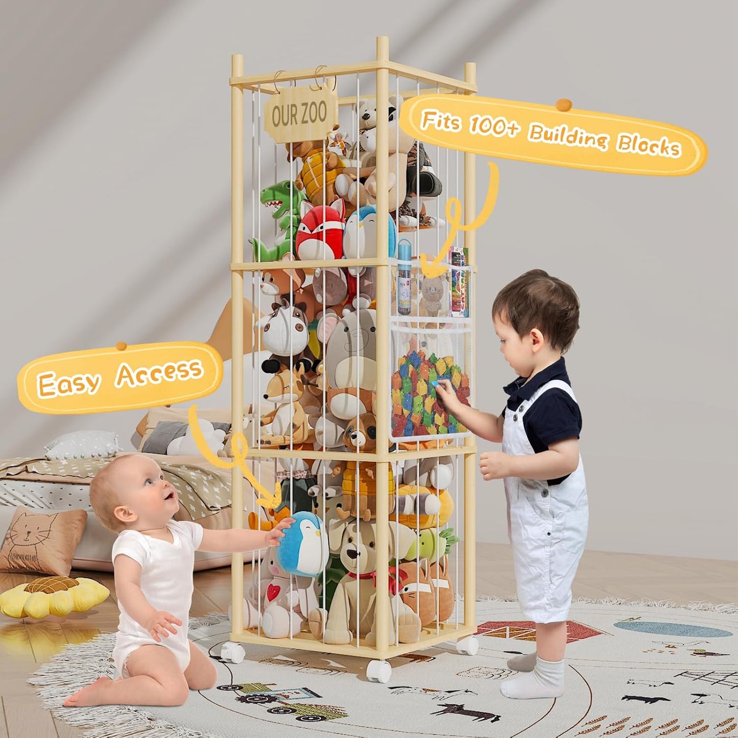 Stuffed Animal Storage & Organizer with Wheels, 225QT Oversize Zoo Toy Holder with Hammock Baby Hanging Storage Net, Giant Plush Toy Organizer for Toddler Rooms,Playroom16.5"L*16.5W*53"H (3-Layers)