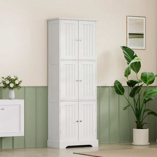 Tall Bathroom Storage Cabinet with 6 Doors, Freestanding Floor Cabinet with Adjustable Shelves, White Pantry Cabinet for Bathroom, Kitchen, Laundry Room