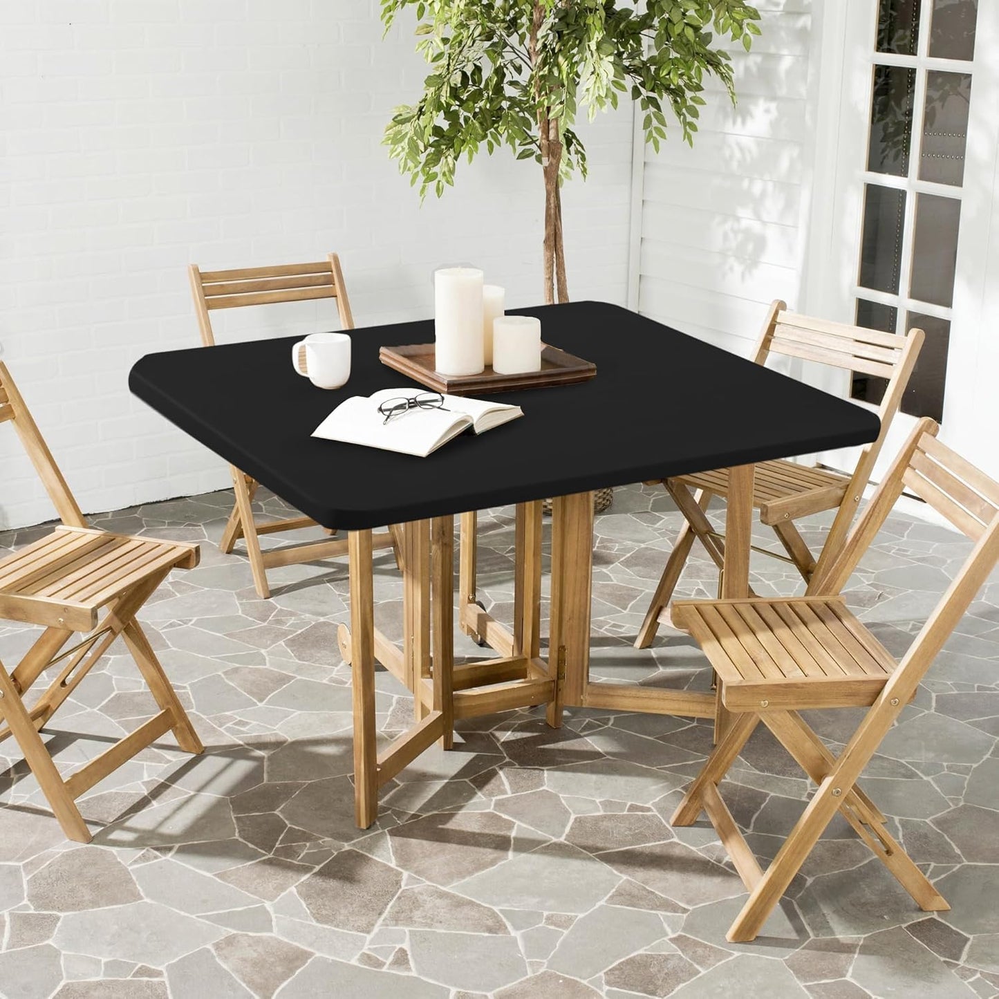 Square Fitted Tablecloth 34X34 Inch-2 Pack Black Card Elastic Spandex Table Cover-Small Stretch Folding Table Cloths Topper Cap for Kitchen Dining Picnic Patio Outdoor Party Tables