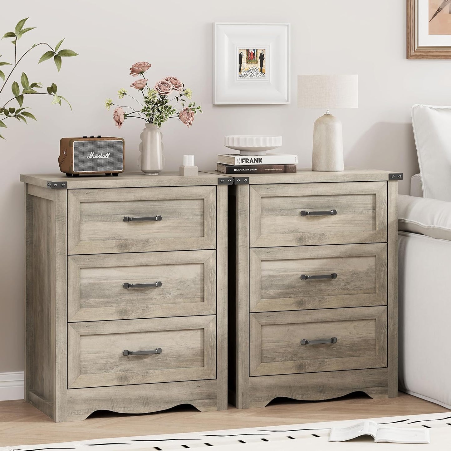 Grey farmhouse nightstand with three drawers, view 7