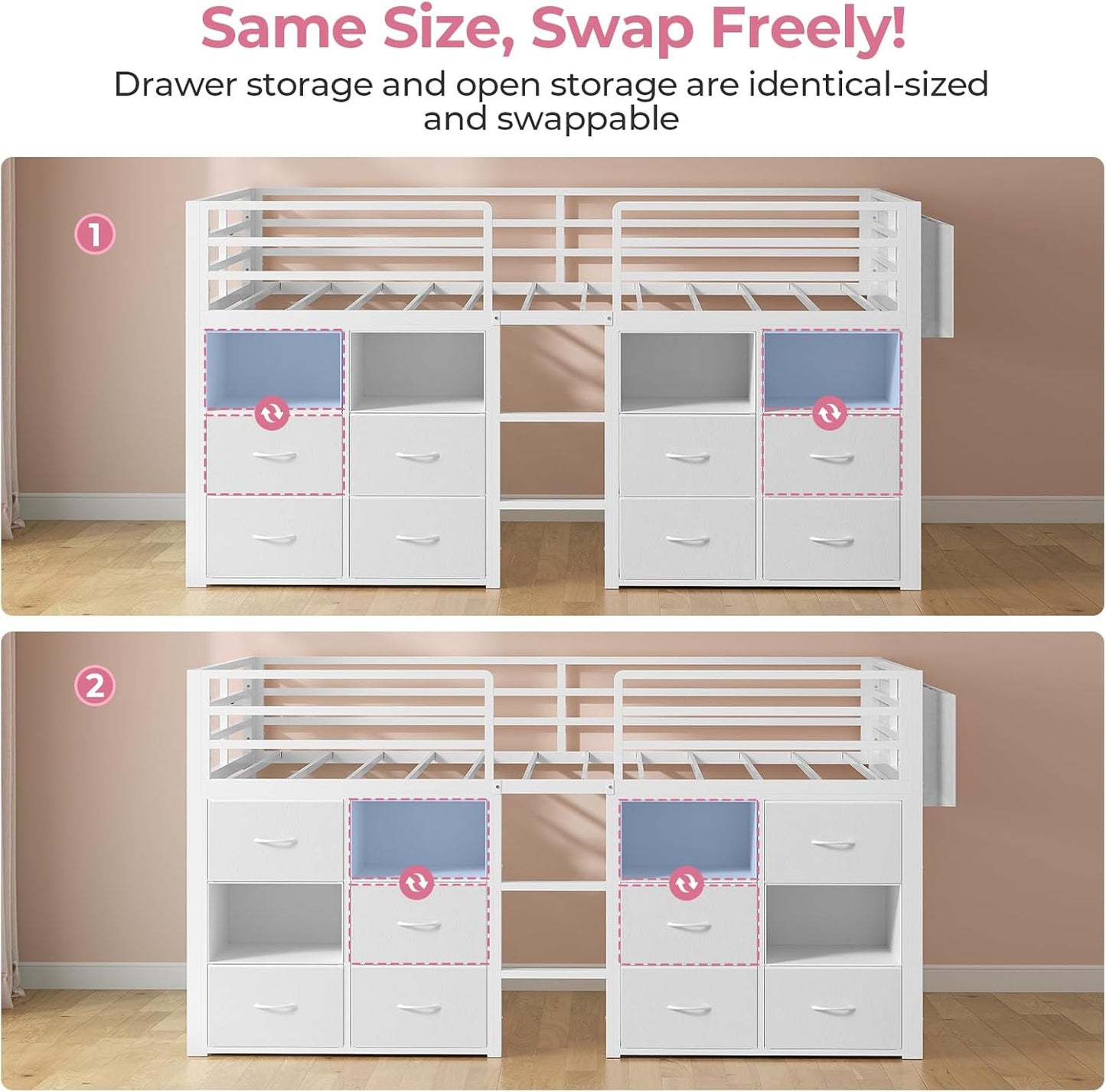Low Loft Bed Twin Size with 8 Storage Drawers, Twin Loft Bed with Bookcase and LED Lights, Metal Kids Loft Bed with 14" H Safety Guardrail, Under-Bed Play Space, No Box Spring Needed, White