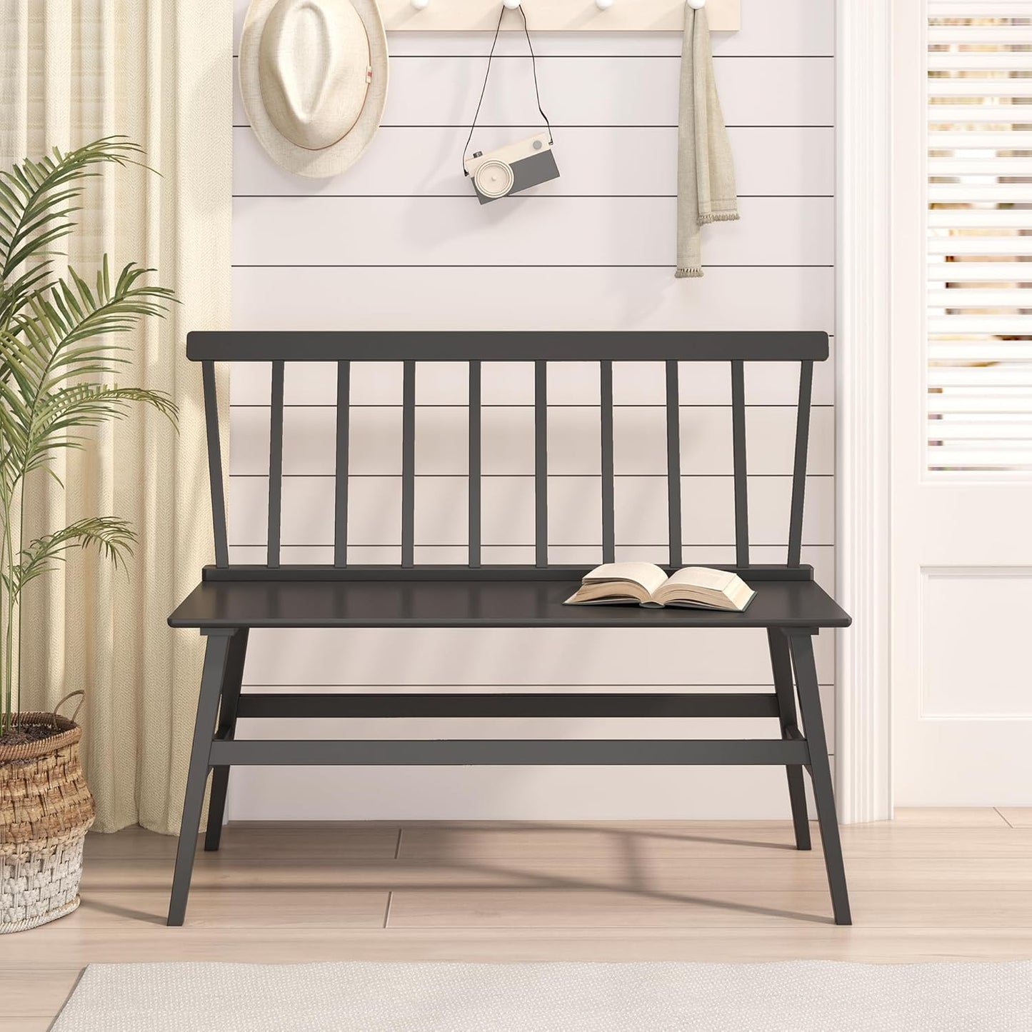 Bamboo Dining Bench, Black Entryway Bench with Spindle Back Farmhouse Wood Windsor for Foyer Balcony Living Room (Nature) (Black)