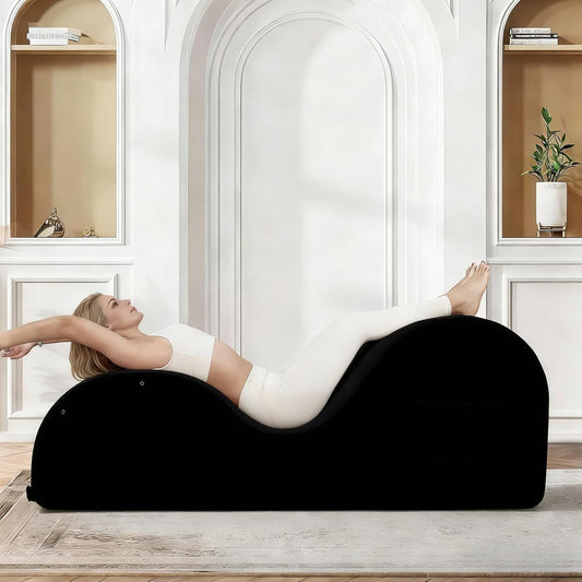 Chaise Lounge Chair for Yoga, Chaise Lounge with Headrest, Waist Pad, Foot Pad, Washable Cover Side Pockets Non-Slip Bottom, Yoga Chair for Relaxation Stretching (Black, Large)