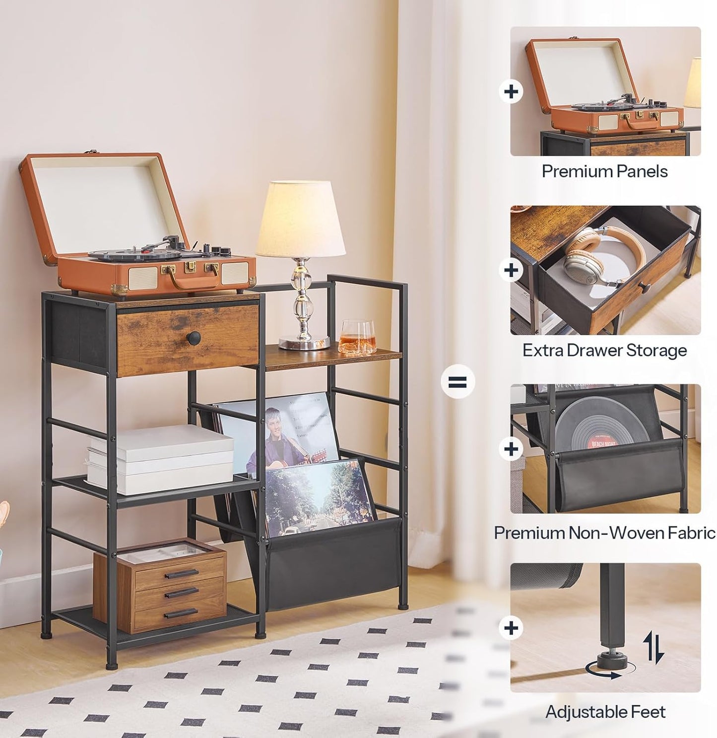 Record Player Stand with Vinyl Storage, Turntable Stand with Record Storage and Display Shelf, Media Cabinet with Drawer for Living Room, Bedroom,Rustic Brown BF75CJ01