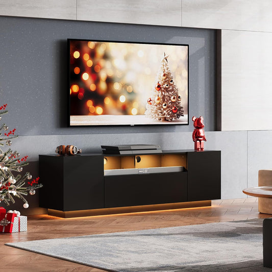 Modern TV Stand for 65 Inch TV, Entertainment Center with LED Lights & Large Storage Cabinets, Sturdy Media Console for Living Room, Bedroom, Gaming(Black)