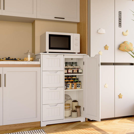 Small Pantry with Door and Shelves, 33'' Kitchen Pantry Storage Cabinet Freestanding Wooden Bathroom Storage Cabinet with 4 Drawers for Kitchen and Dining Room, White