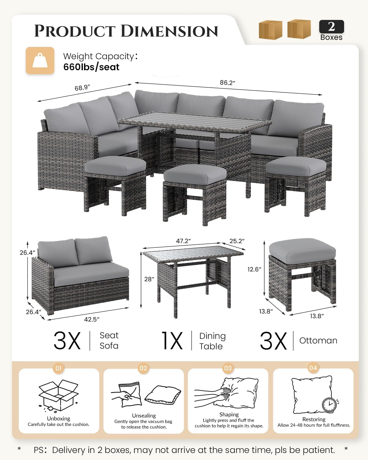 7 Pieces Patio Furniture Set, Outdoor Sectional Sofa Conversation Set, All Weather Wicker Rattan Dining Table & Chair with Ottoman, Grey Rattan&Grey Cushion