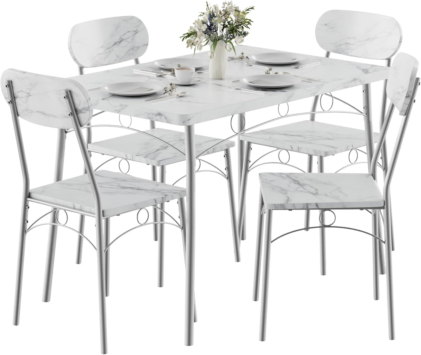 Dining Table Set for 4, 5-Piece Kitchen Table with 4 Chairs, MDF Board Tabletop with Metal Frame for Small Space, Compact Dinette, Breakfast Nook, White